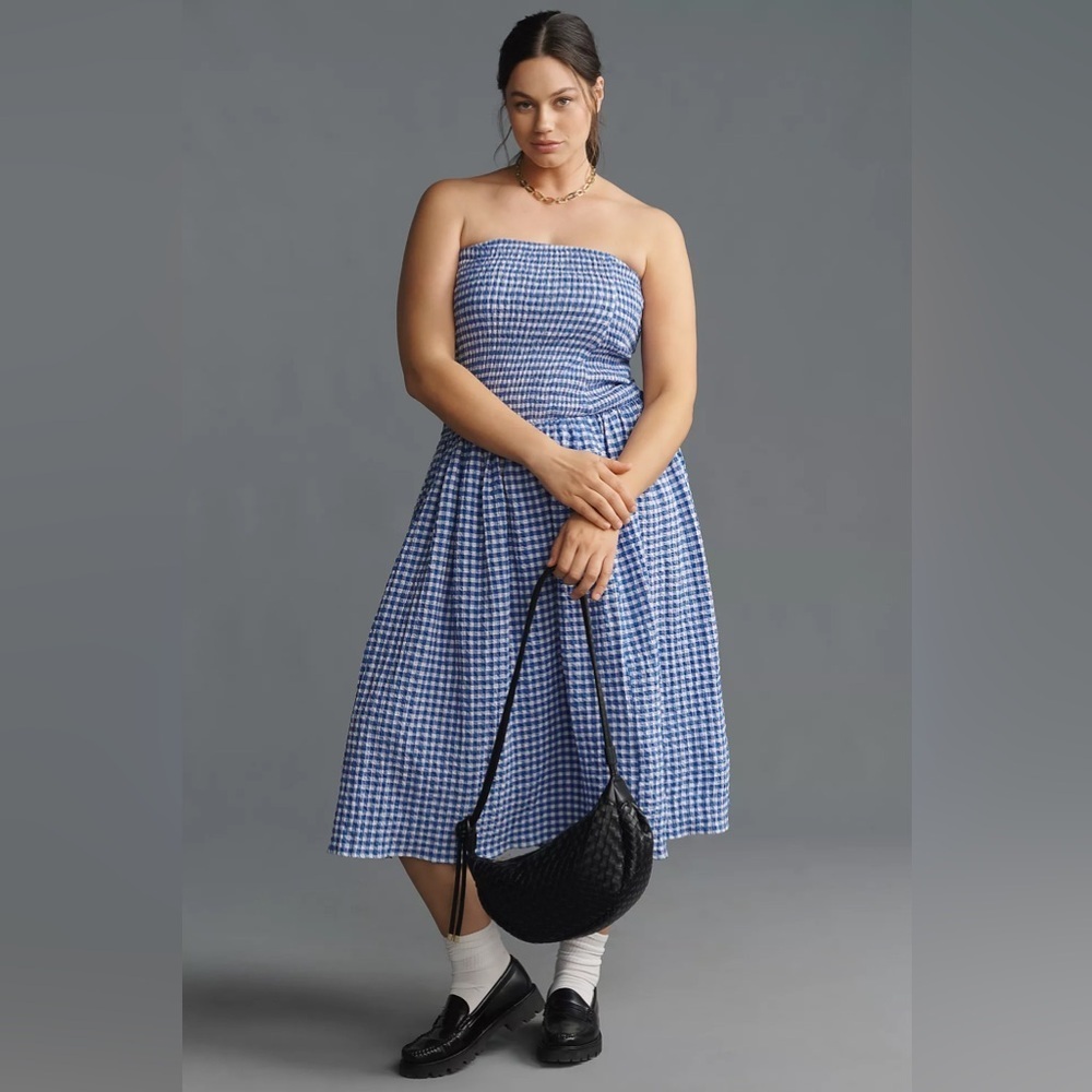 NWT Anthropologie Maeve Strapless Smocked Blue Plaid Gingham Midi Dress 3️⃣